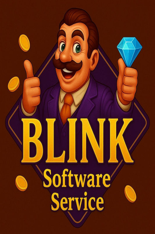 Blink Software Service logo with a smiling man holding a blue diamond and gold coins around him