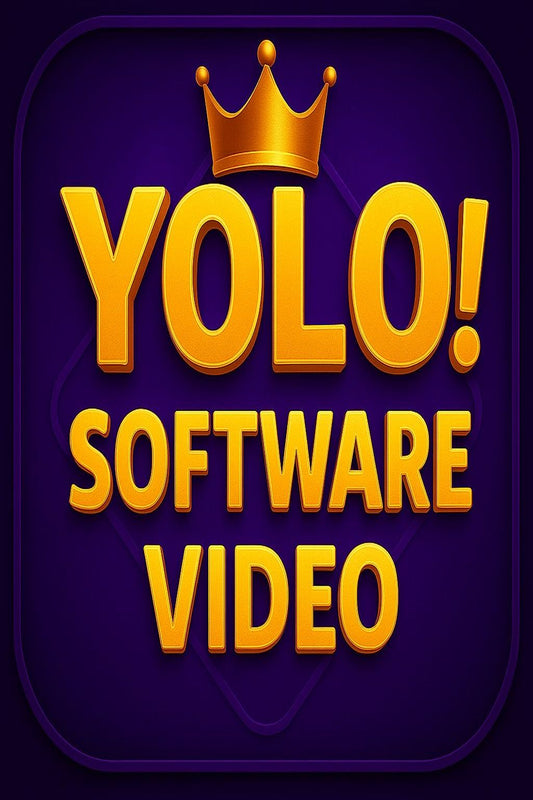 YOLO! Software Video logo with gold crown and yellow letters on purple background