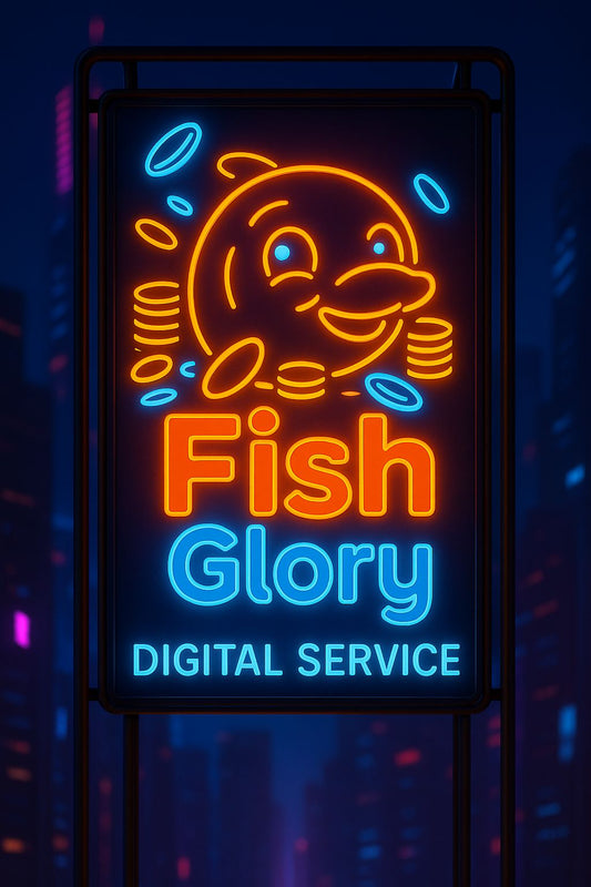 Fish Glory Digital Service neon logo with smiling fish and coins on a city background
