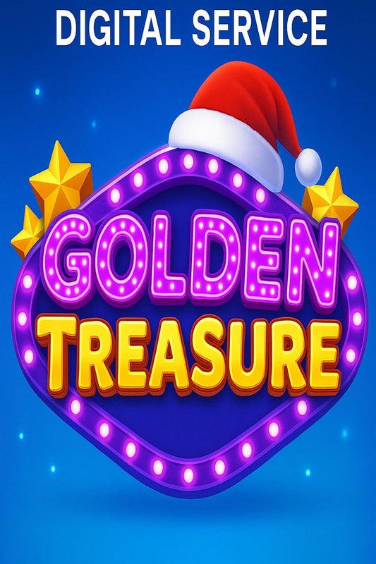 Golden Treasure Digital Service logo with Santa hat and stars on a blue background