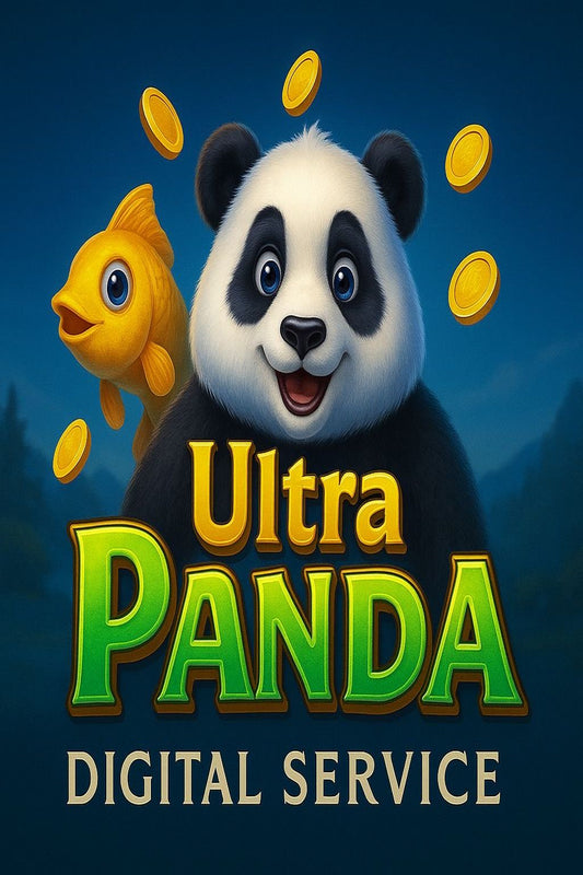 Ultra Panda Digital Service logo featuring a smiling panda with a goldfish and floating coins
